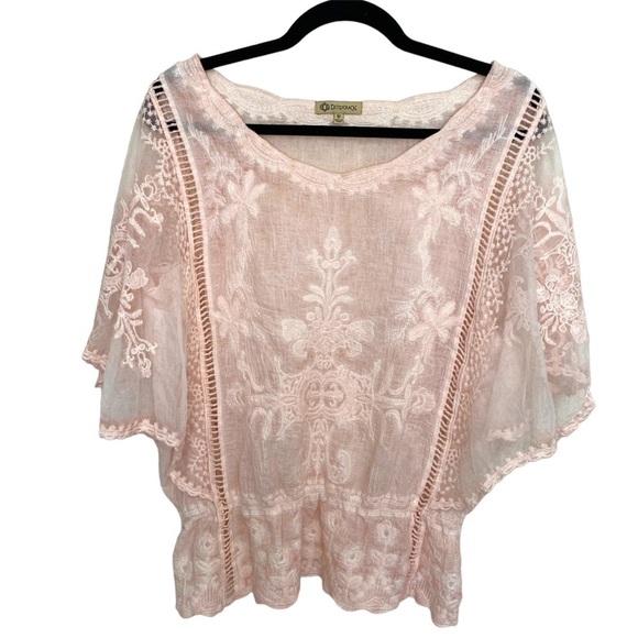 Democracy Tops - [DEMOCRACY] Blush Pink Mineral Wash Crochet Butterfly Sleeve Blouse Women Size M